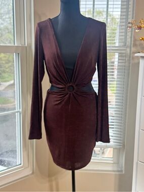 Chocolate Brown Cutout Mini Dress Plunge Ring Detail SZ L
